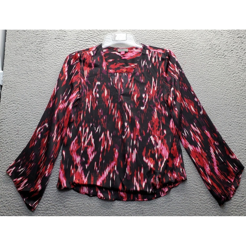 Vince Camuto Blouse Top Womens XS Multi Abstract Long Sleeve V-Neck Pullover